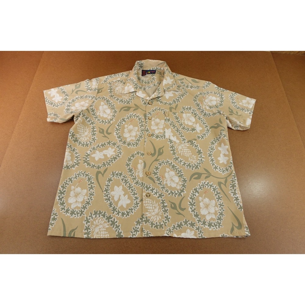 Roundy Bay Mens Size XL Beige Floral Print Short Sleeve Button Front Camp Shirt